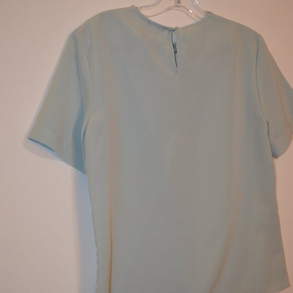 LAUREN LEE PETITE USA Embroidered Neck Polyes Short Sleeves Light Teal Blouse 4P - Picture 9 of 9